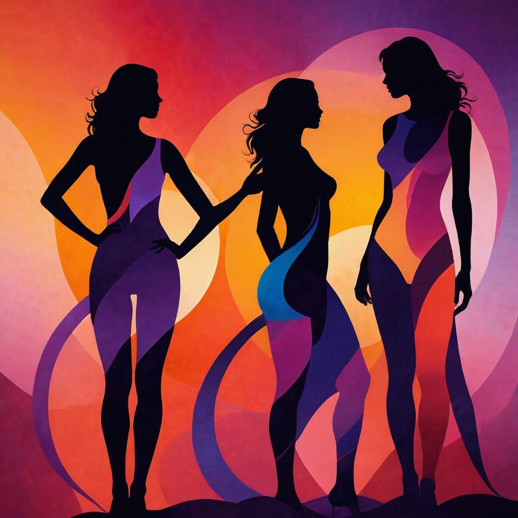 A striking blend of artistic elements showcasing sensuality and creativity, featuring vibrant, flowing silhouettes of human figures interwoven with abstract graphic designs. The background should be a harmonious gradient of bold colors that evoke passion and intrigue, while incorporating subtle motifs of flora and curves to enhance the theme of intimacy. The overall composition should invite curiosity and evoke emotion, portraying the beauty of adult graphic art. super-realistic. vibrant colors. fluid shapes.