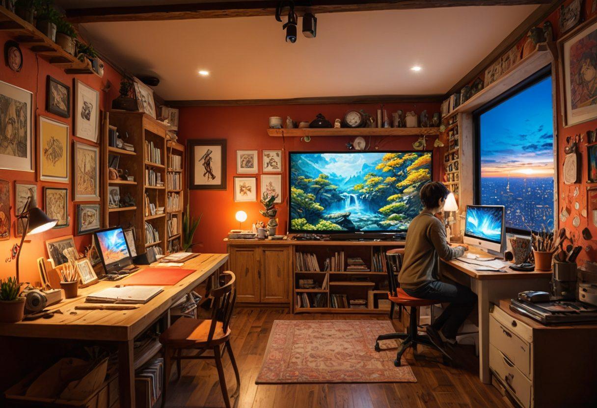 A vibrant and dynamic scene showcasing a talented artist at work in a cozy studio, surrounded by colorful adult anime artwork, with sketches on the walls and digital screens displaying animated characters. The artist, deeply focused, blends fantasy elements with reality, creating intricate designs that juxtapose whimsical backgrounds with lifelike details. Soft lighting enhances the atmospheric feel, inspiring creativity and passion for the art. Highly detailed, super-realistic. vibrant colors.